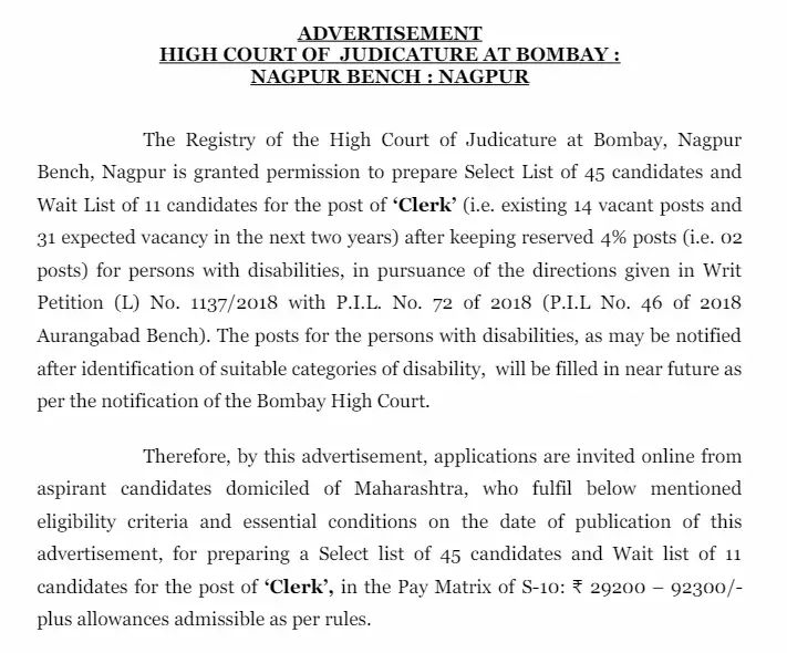 Bombay High Court Clerk Recruitment 2024 Notification PDF