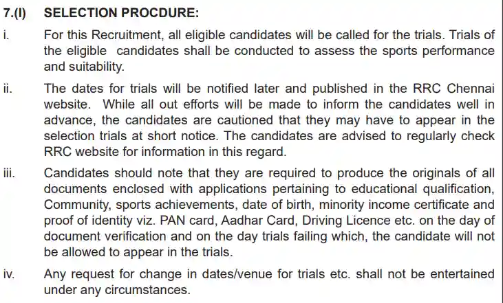 RRC SR Sports Quota Recruitment 2024 selection process